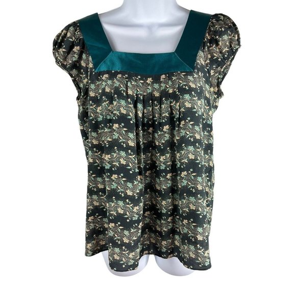 Searle 100% Silk Green Floral Short Cap Sleeve Pullover Top M - Picture 1 of 7